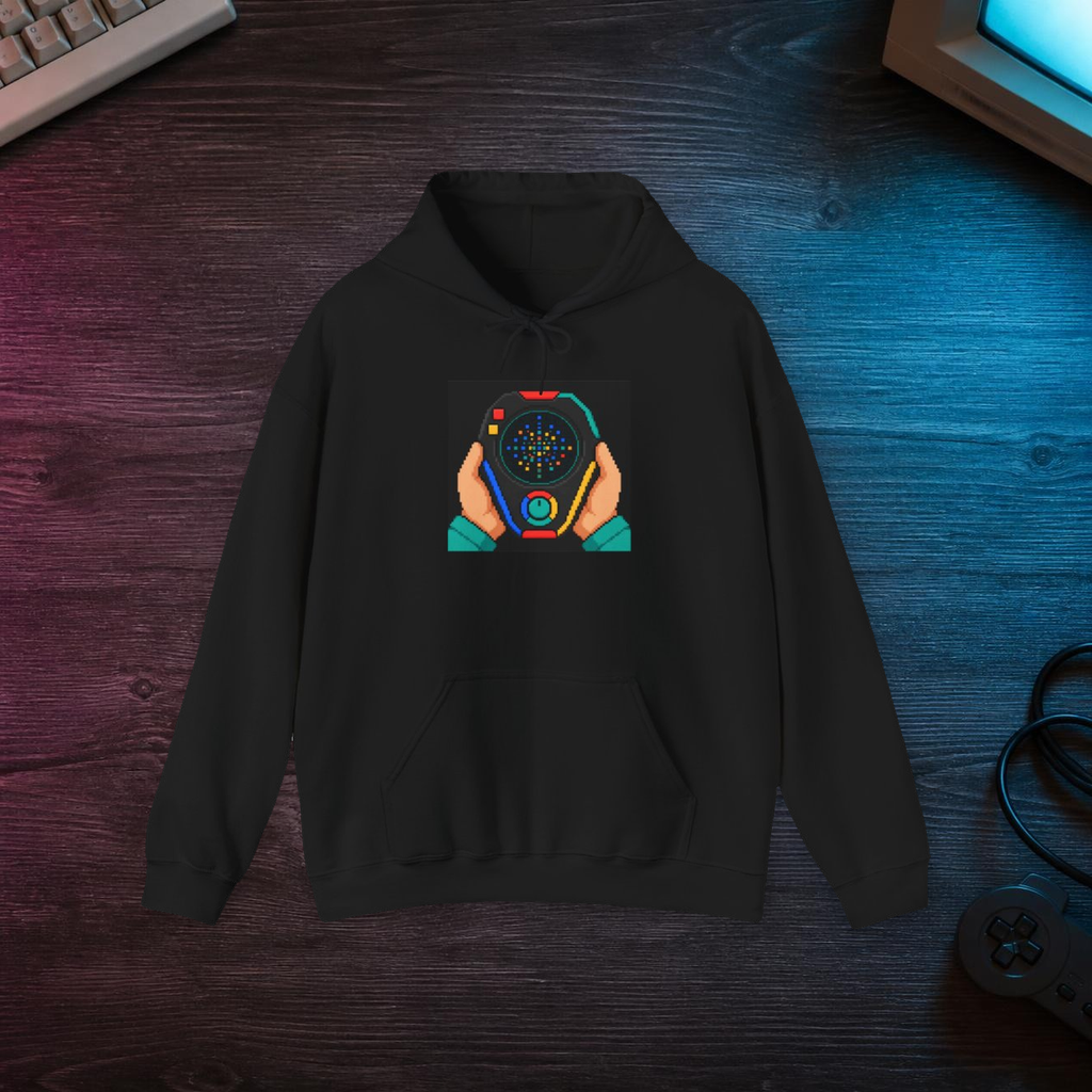 Game Gear Hoodie — Retro Console Pixel Art Pullover, Multicolor Edition — faithful current supplier garment; digital lifestyle mockup [catalog balanced print fit v1]