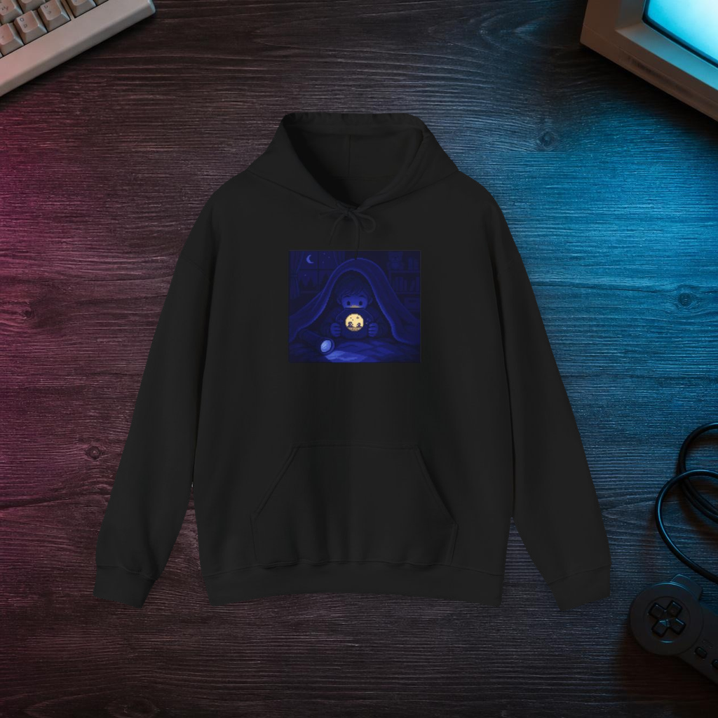 Moonlit Player Hoodie — Flashlight Gaming Pixel Art Pullover, Nostalgia Hoodie — faithful current supplier garment; digital lifestyle mockup [catalog balanced print fit v1]