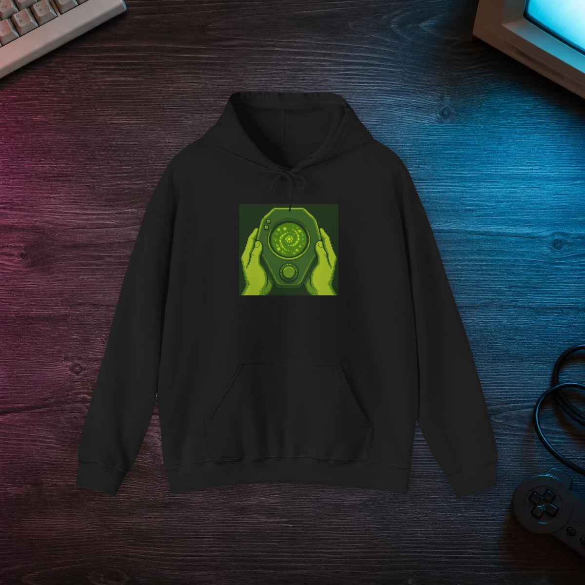 Orb Handheld Hoodie — Retro Console Pixel Art Pullover, Gamer Gift Hoodie — faithful current supplier garment; digital lifestyle mockup [catalog balanced print fit v1]