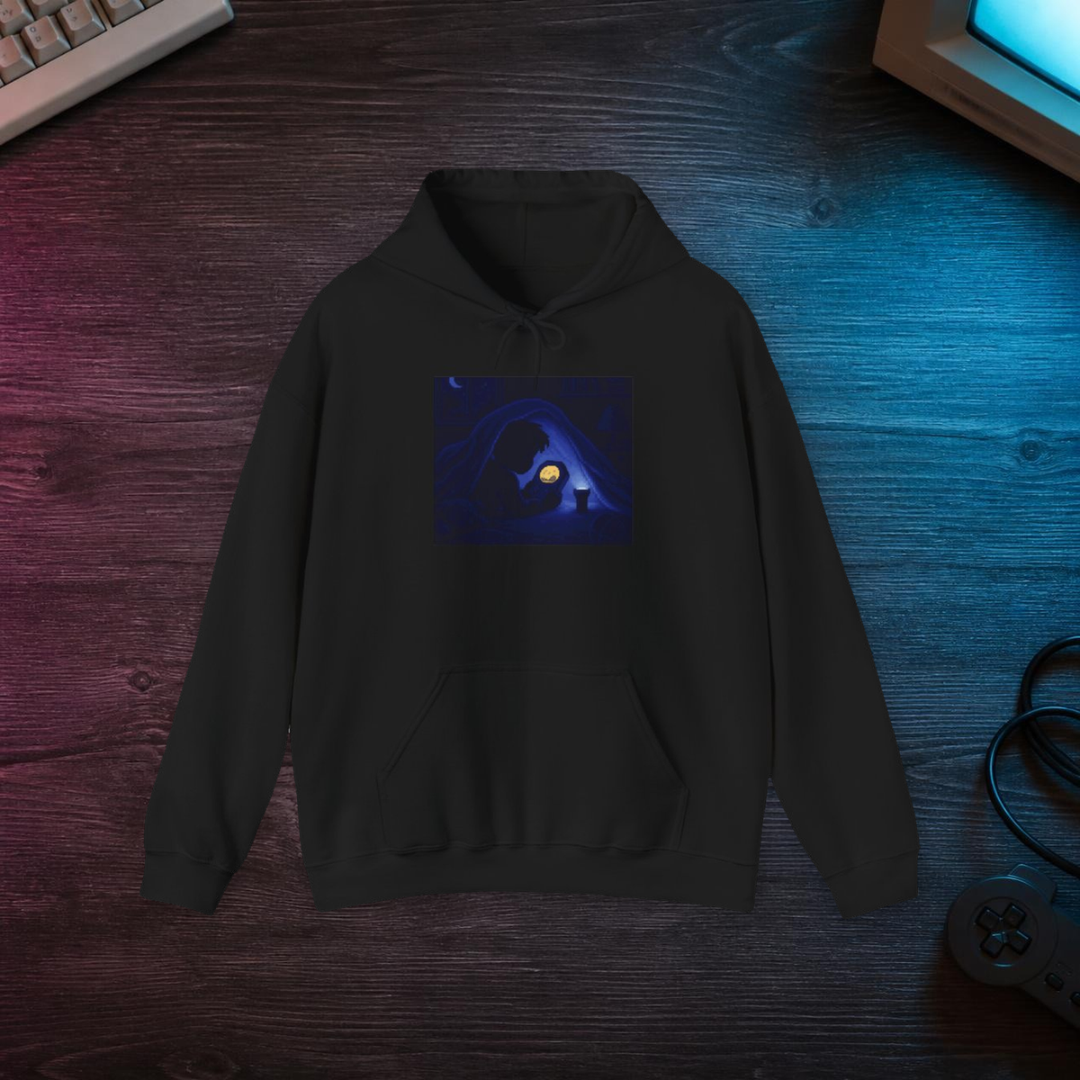 Shelf Flat-Lay Hoodie — Retro Handheld Collection Pixel Art Pullover — faithful current supplier garment; digital lifestyle mockup [catalog balanced print fit v1]