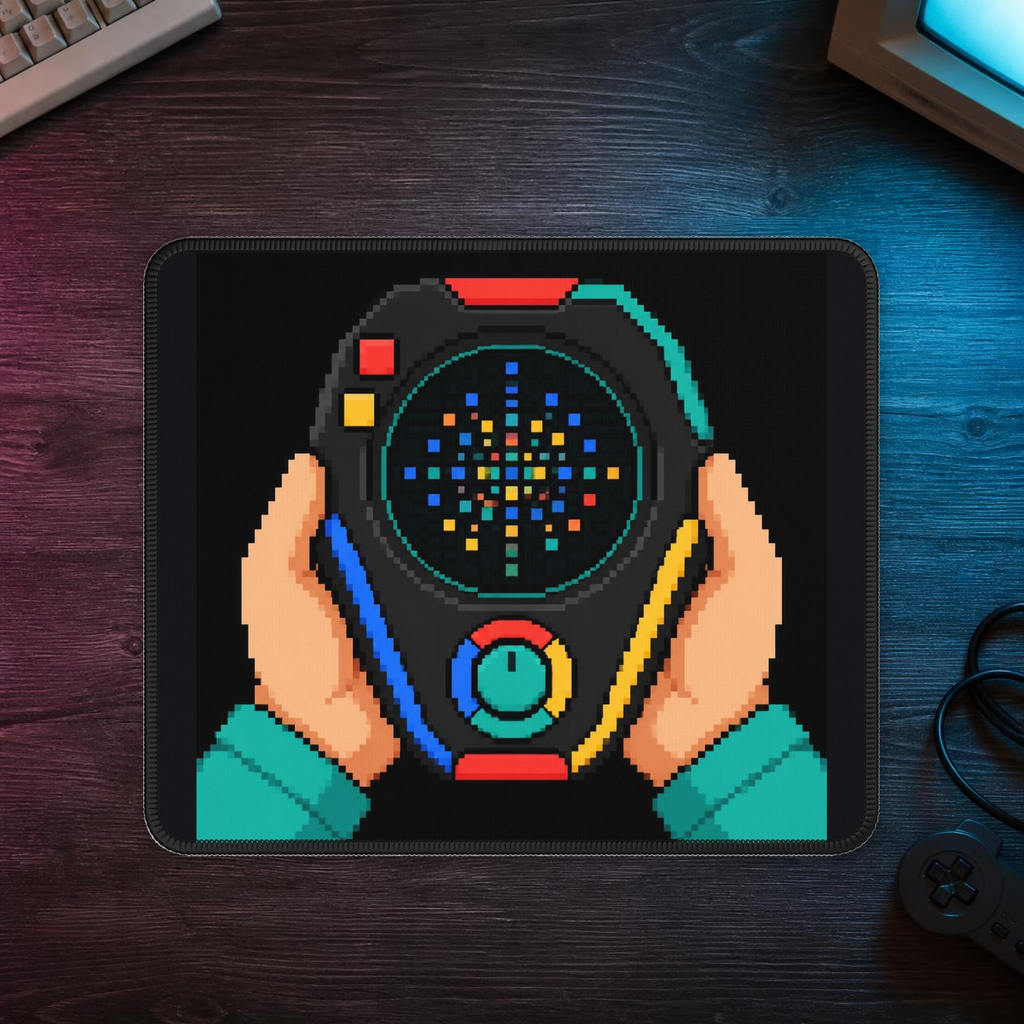 Game Gear Mousepad — Retro Console Pixel Art Desk Mat, Multicolor Edition — faithful current supplier garment; digital lifestyle mockup [catalog balanced print fit v1]