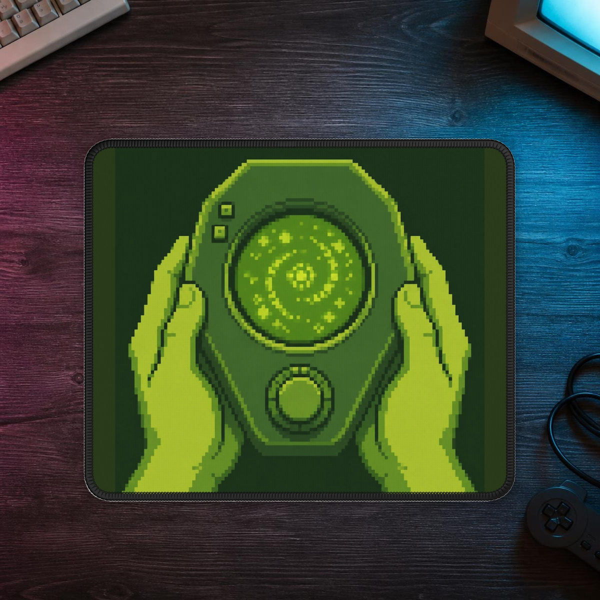 Orb Handheld Mousepad — Retro Console Pixel Art Desk Mat, Gamer Gift — faithful current supplier garment; digital lifestyle mockup [catalog balanced print fit v1]