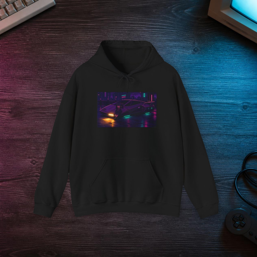 Midnight Tuner Hoodie — Original JDM Pixel Art Pullover, Night Drift Merch — faithful current supplier garment; digital lifestyle mockup [catalog balanced print fit v1]