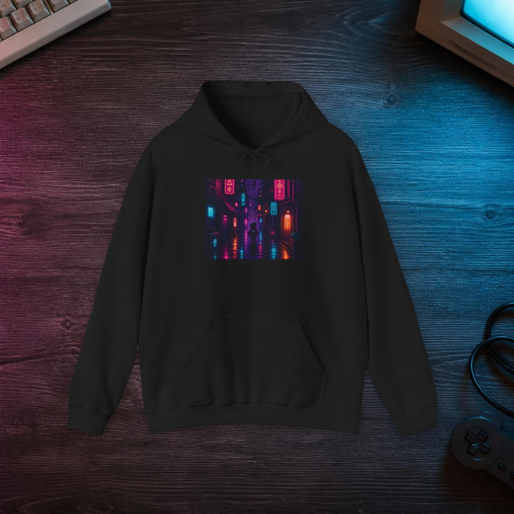Neon District Hoodie — Original Pixel Art Cityscape Pullover, Anime-Aesthetic Merch — faithful current supplier garment; digital lifestyle mockup [catalog balanced print fit v1]