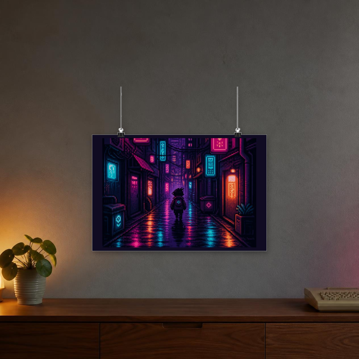 Neon District Poster — Original Pixel Art Cityscape Print, Anime-Aesthetic Wall Art — faithful current supplier garment; digital lifestyle mockup [catalog balanced print fit v1]
