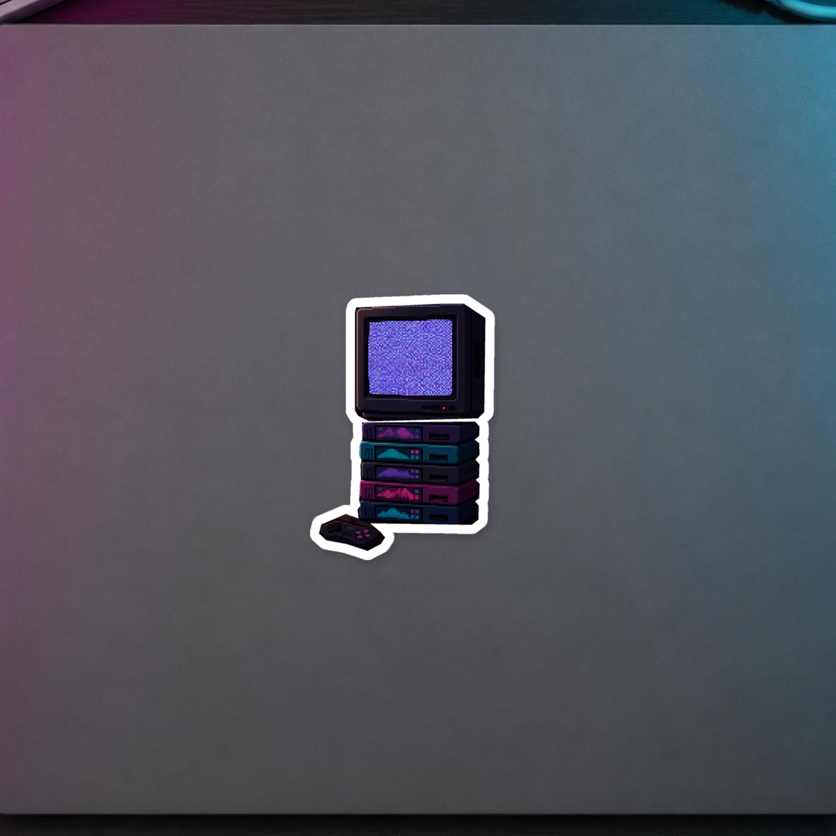 Static Noise Sticker — Vertical CRT Pixel Art Decal, Synthwave Sticker — faithful current supplier garment; digital lifestyle mockup [catalog balanced print fit v1]