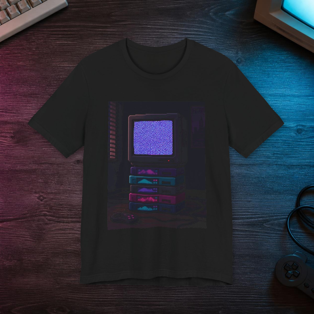 Static Noise Graphic Tee — Vertical CRT Pixel Art Shirt, Synthwave Tee — faithful current supplier garment; digital lifestyle mockup [catalog balanced print fit v1]