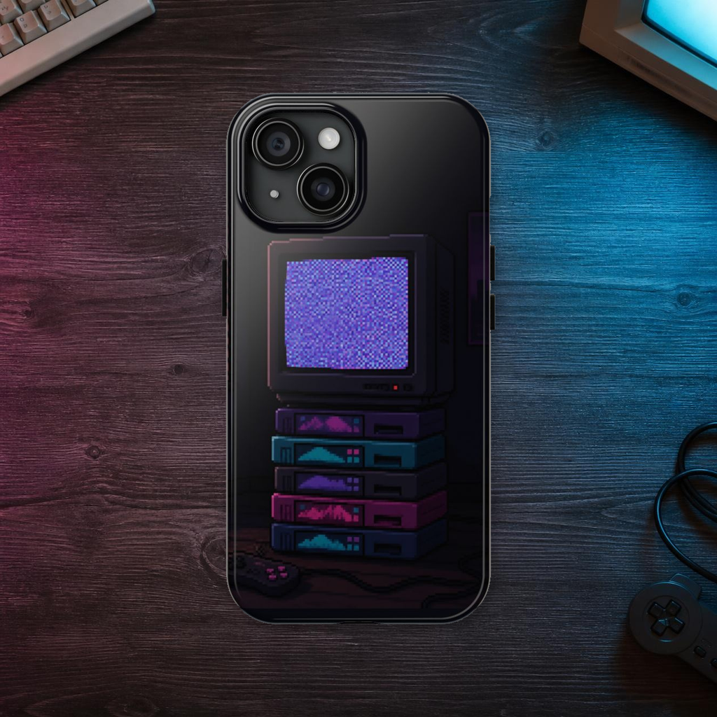 Static Noise Phone Case — Vertical CRT Pixel Art Case, Synthwave Phone Case — faithful current supplier garment; digital lifestyle mockup [catalog balanced print fit v1]
