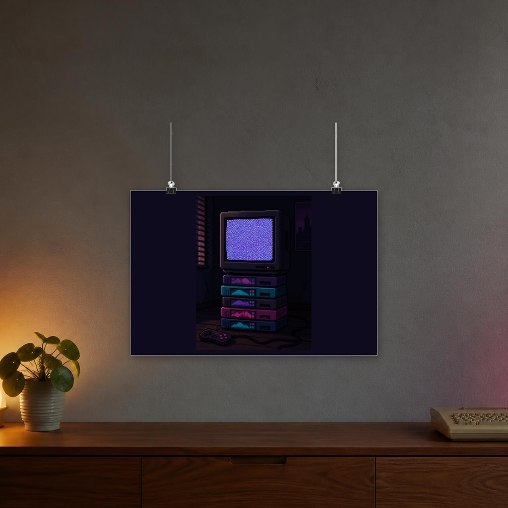 Static Noise Poster — Vertical CRT Pixel Art Print, Synthwave Wall Art — faithful current supplier garment; digital lifestyle mockup [catalog balanced print fit v1]