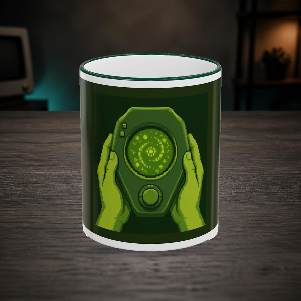 Retro Handheld Gamer Mug — Original Pixel Art 80s Nostalgia Coffee Cup — faithful current supplier garment; digital lifestyle mockup [catalog balanced print fit v1]