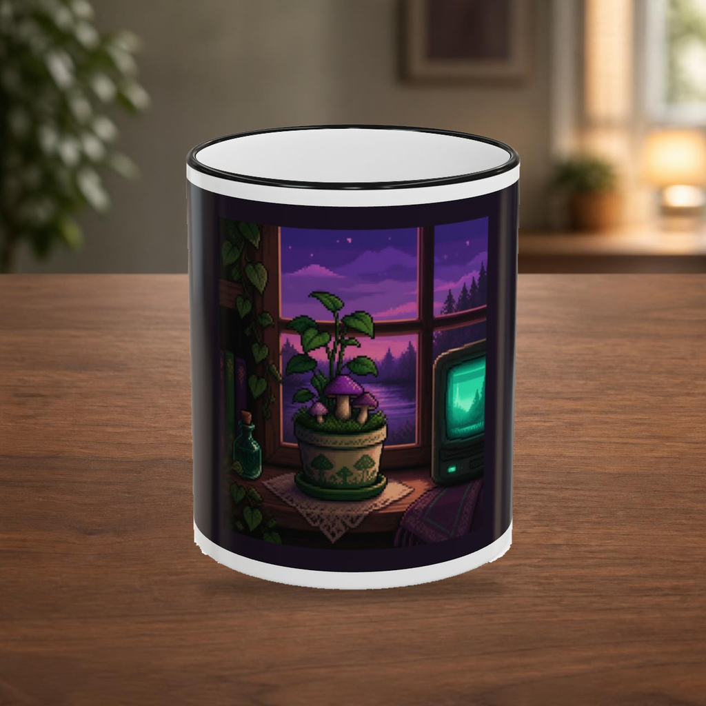 Pixel Garden Mug — Cottagecore Pixel Art Coffee Mug, CRT-Glow Design — faithful current supplier garment; digital lifestyle mockup [catalog balanced print fit v1]