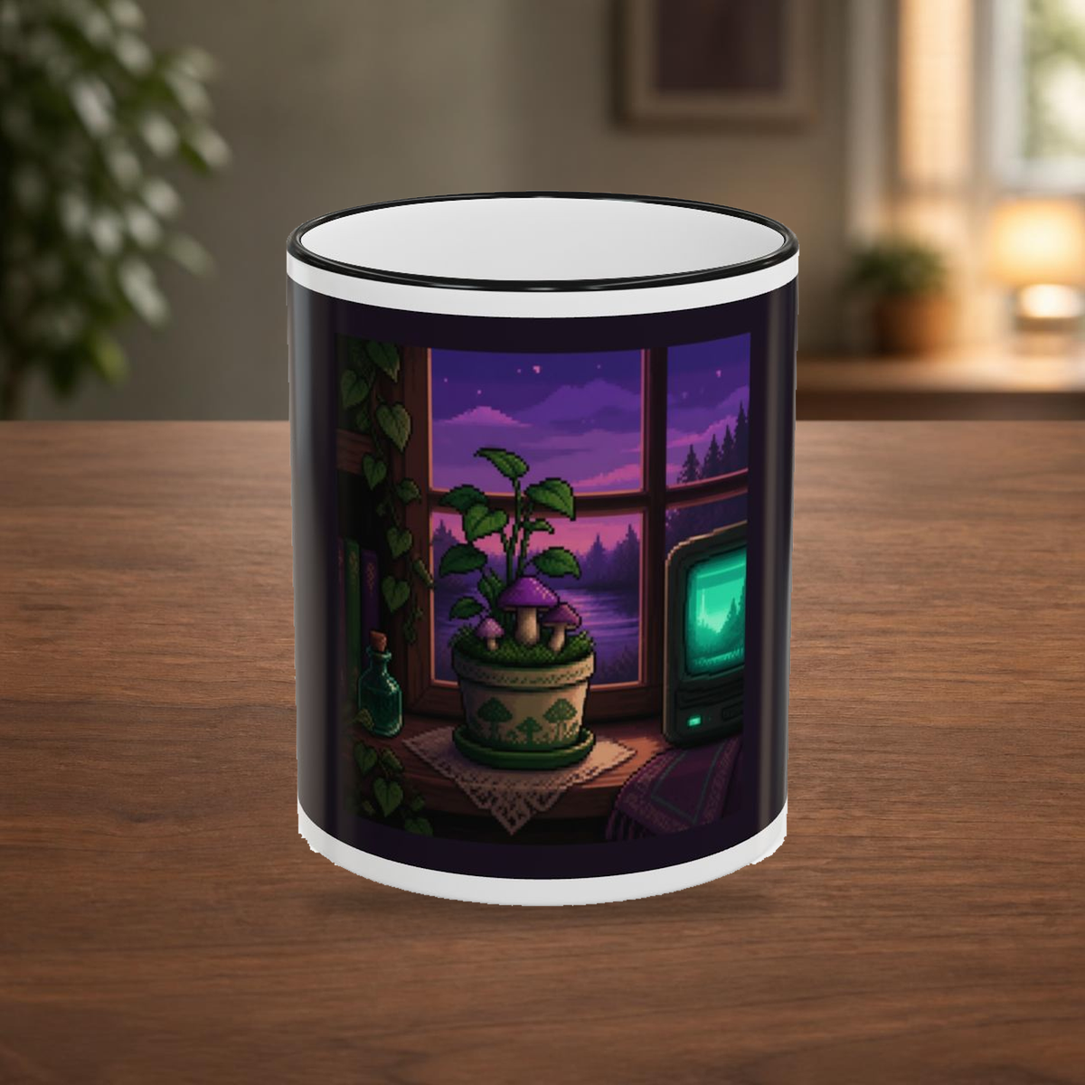 Pixel Garden Mug — Cottagecore Pixel Art Coffee Mug, CRT-Glow Design — faithful current supplier garment; digital lifestyle mockup [catalog balanced print fit v1]