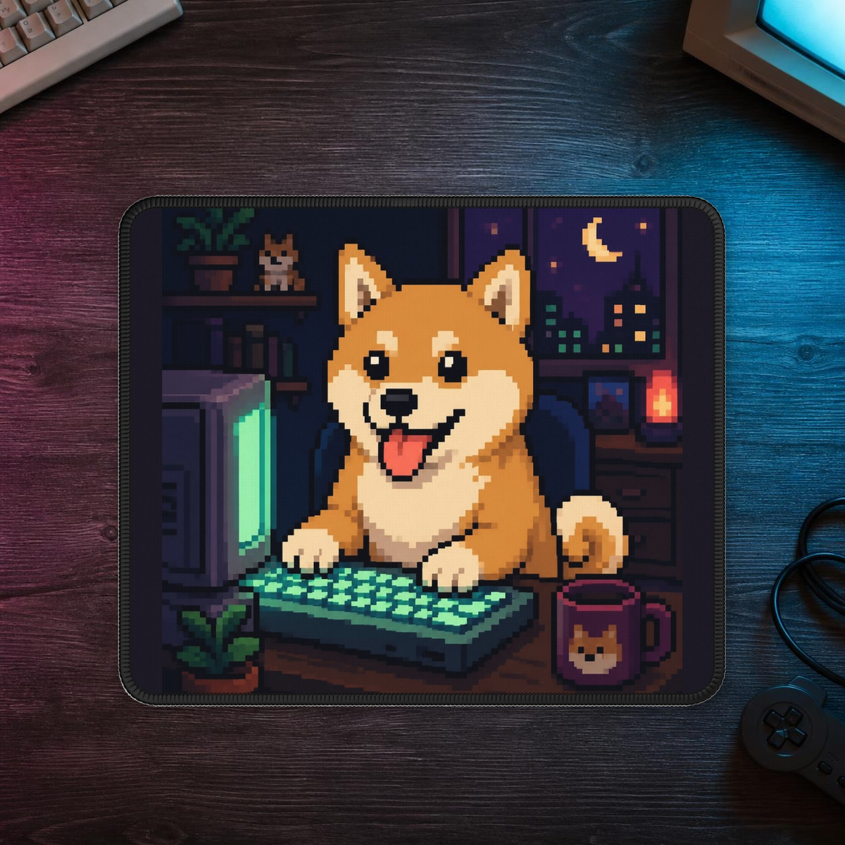 Shiba Desk Mousepad — faithful current supplier garment; digital lifestyle mockup [catalog balanced print fit v1]