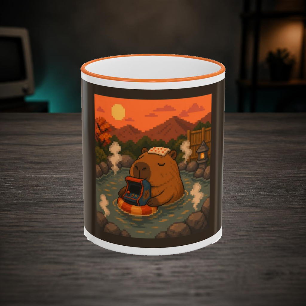 Capybara Arcade Mug — faithful current supplier garment; digital lifestyle mockup [catalog balanced print fit v1]