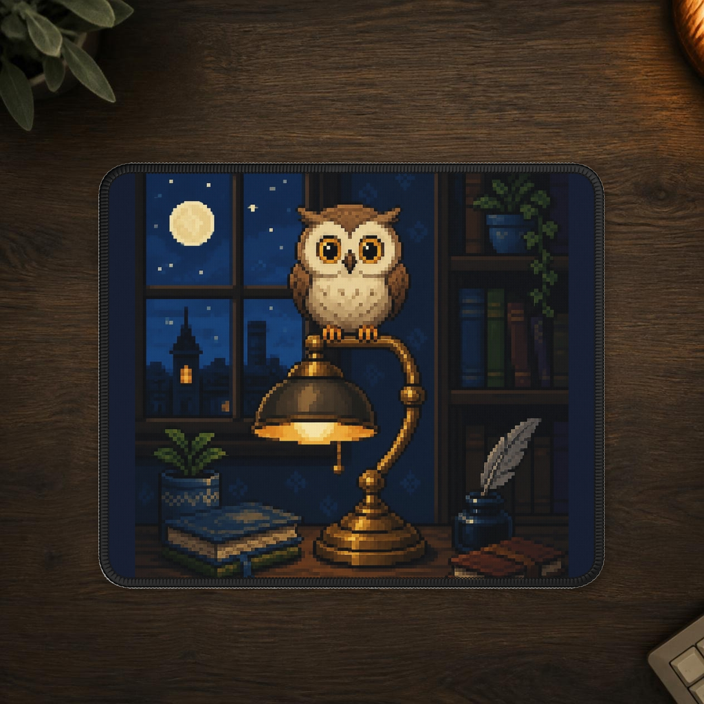 Owl Lamp Mousepad — faithful current supplier garment; digital lifestyle mockup [catalog balanced print fit v1]