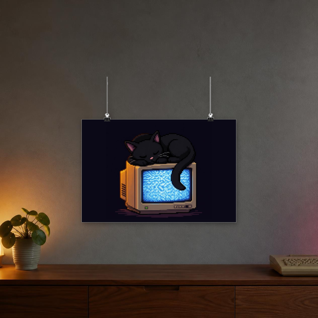 CRT Cat Poster — faithful current supplier garment; digital lifestyle mockup [catalog balanced print fit v1]
