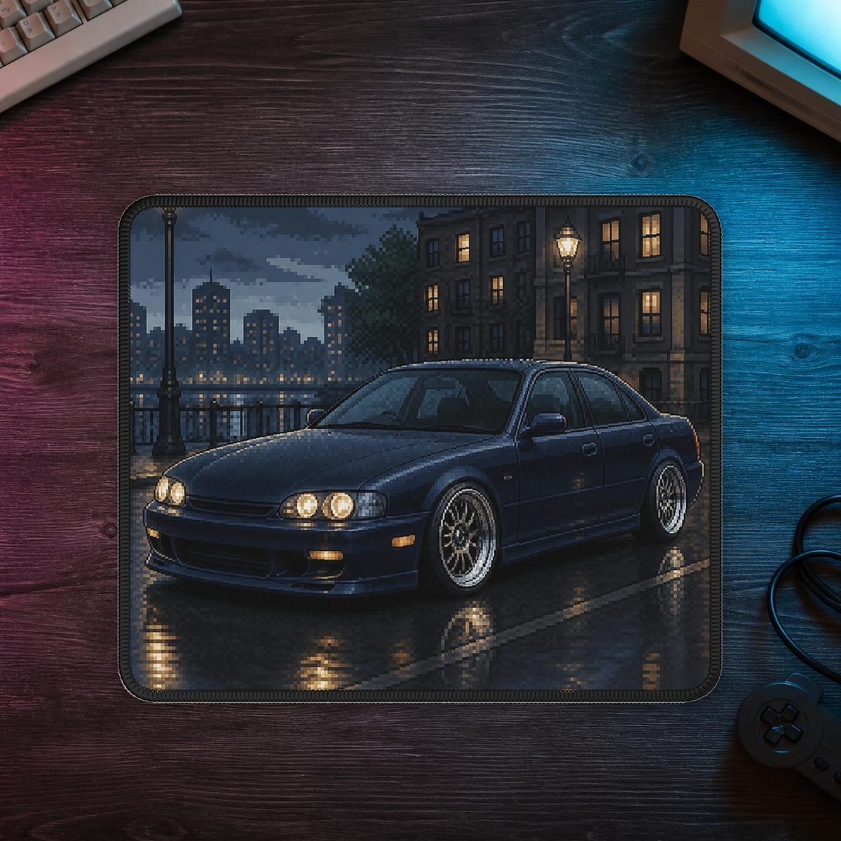 Rainline Sport Pixel Art Mousepad — 90s Night Drive — faithful current supplier garment; digital lifestyle mockup [catalog balanced print fit v1]