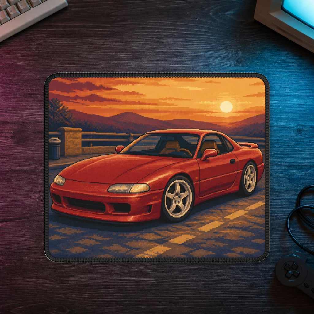 Sunset Grand Tourer Pixel Art Mousepad — 90s Night Drive — faithful current supplier garment; digital lifestyle mockup [catalog balanced print fit v1]