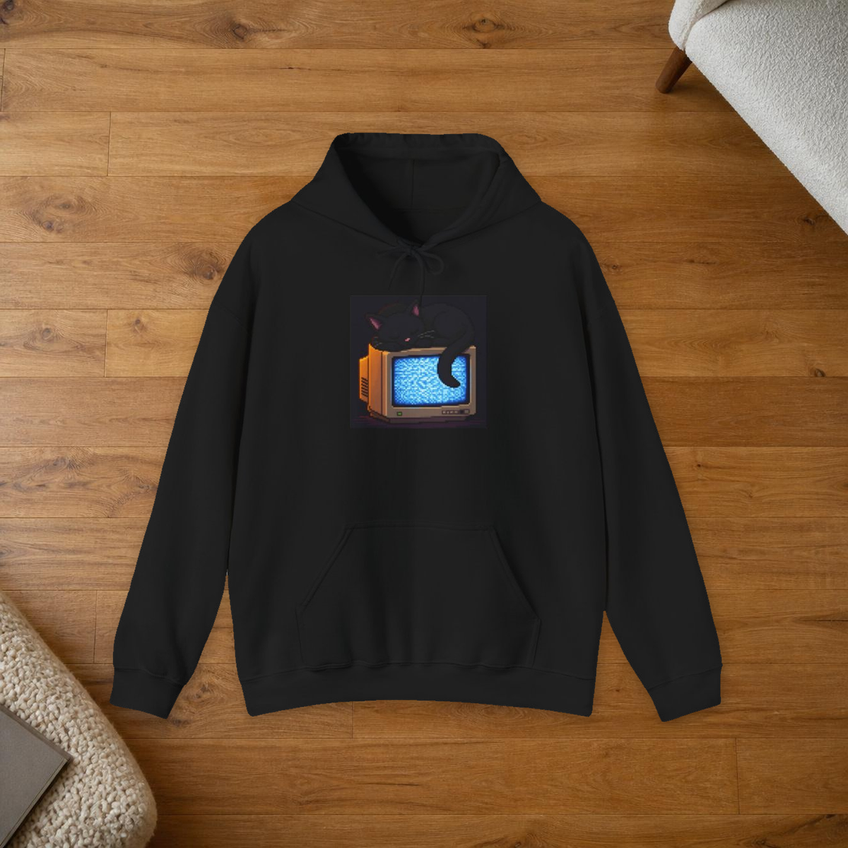 CRT Cat Pixel Art Fleece Hoodie — Winter & Cozy — faithful current supplier garment; digital lifestyle mockup [catalog balanced print fit v1]