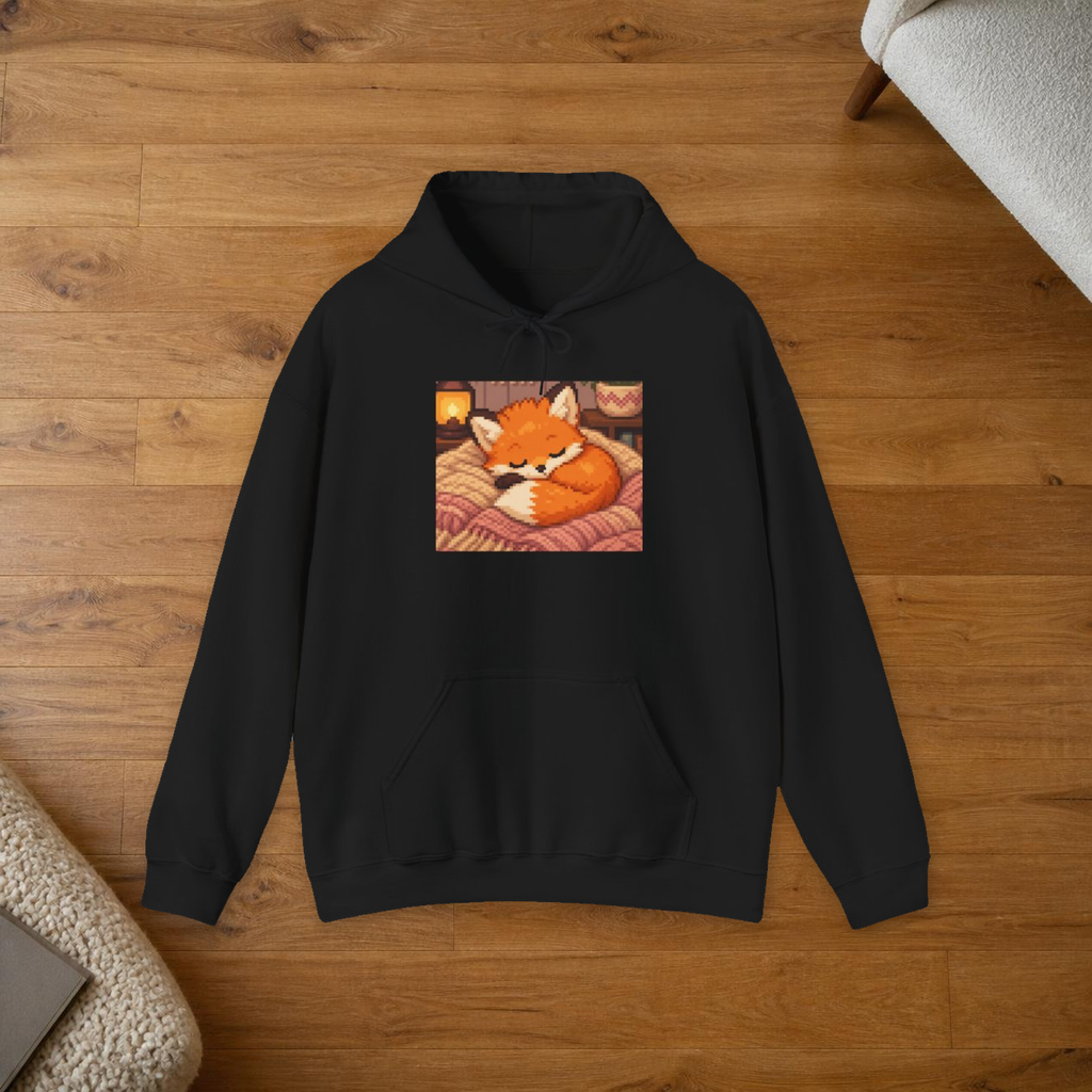Baby Fox Pixel Art Fleece Hoodie — Winter & Cozy — faithful current supplier garment; digital lifestyle mockup [catalog balanced print fit v1]