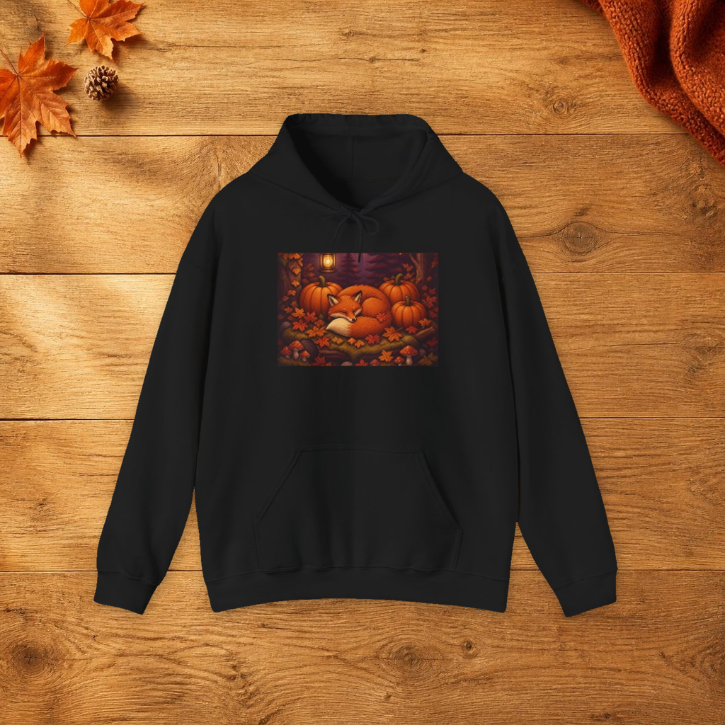 Harvest Fox Pixel Art Fleece Hoodie — Fall & Cozy — faithful current supplier garment; digital lifestyle mockup [catalog balanced print fit v1]