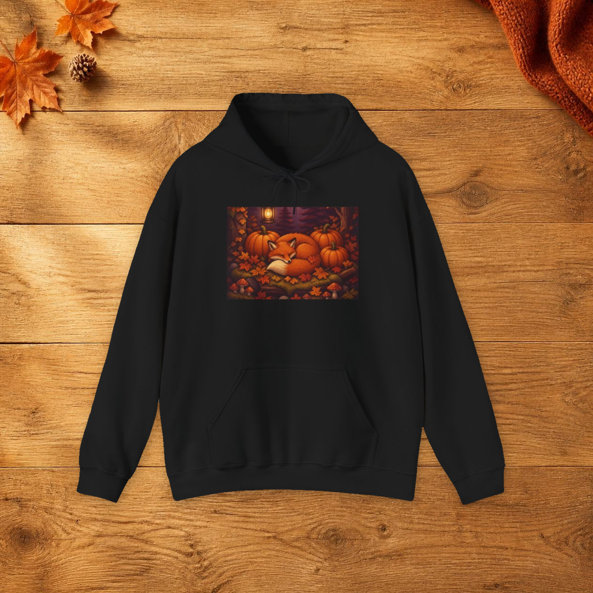 Harvest Fox Pixel Art Fleece Hoodie — Fall & Cozy — faithful current supplier garment; digital lifestyle mockup [catalog balanced print fit v1]