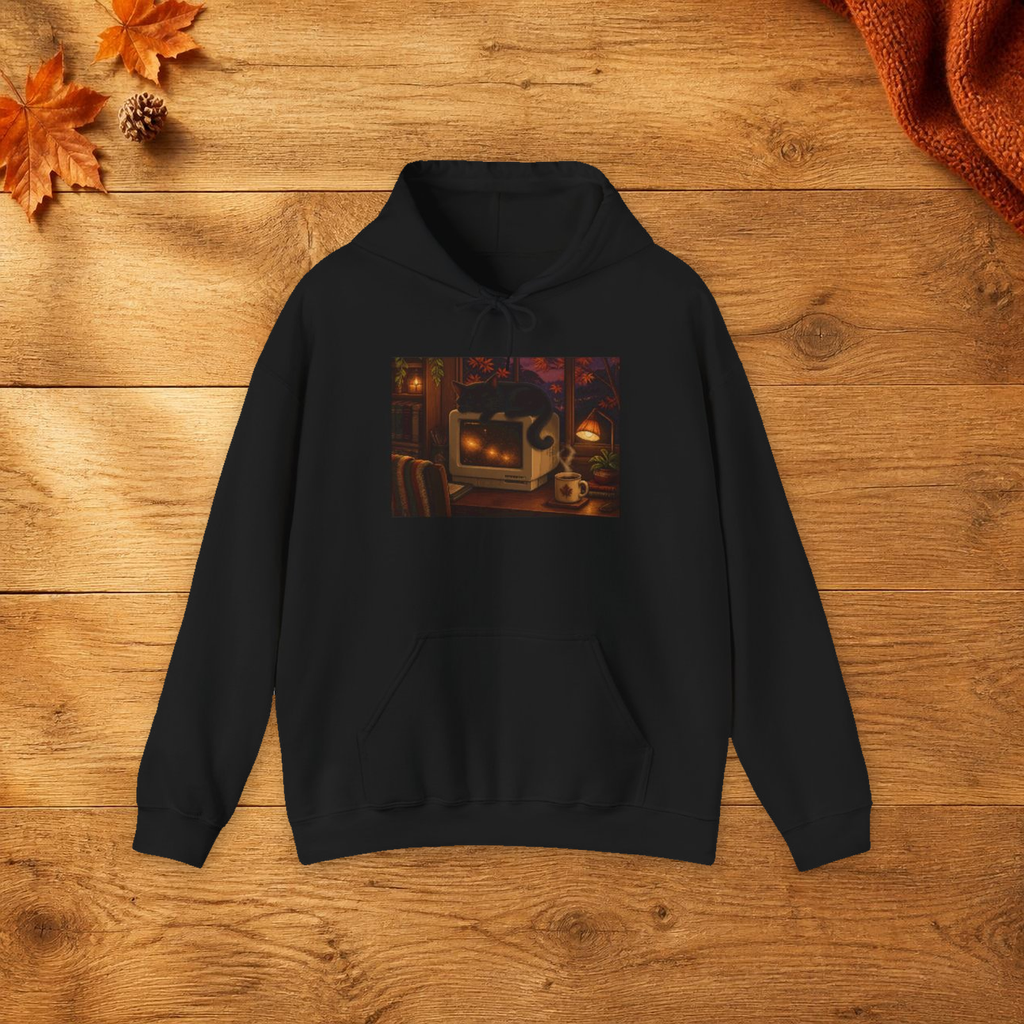 Rainy CRT Cat Pixel Art Fleece Hoodie — Fall & Cozy — faithful current supplier garment; digital lifestyle mockup [catalog balanced print fit v1]