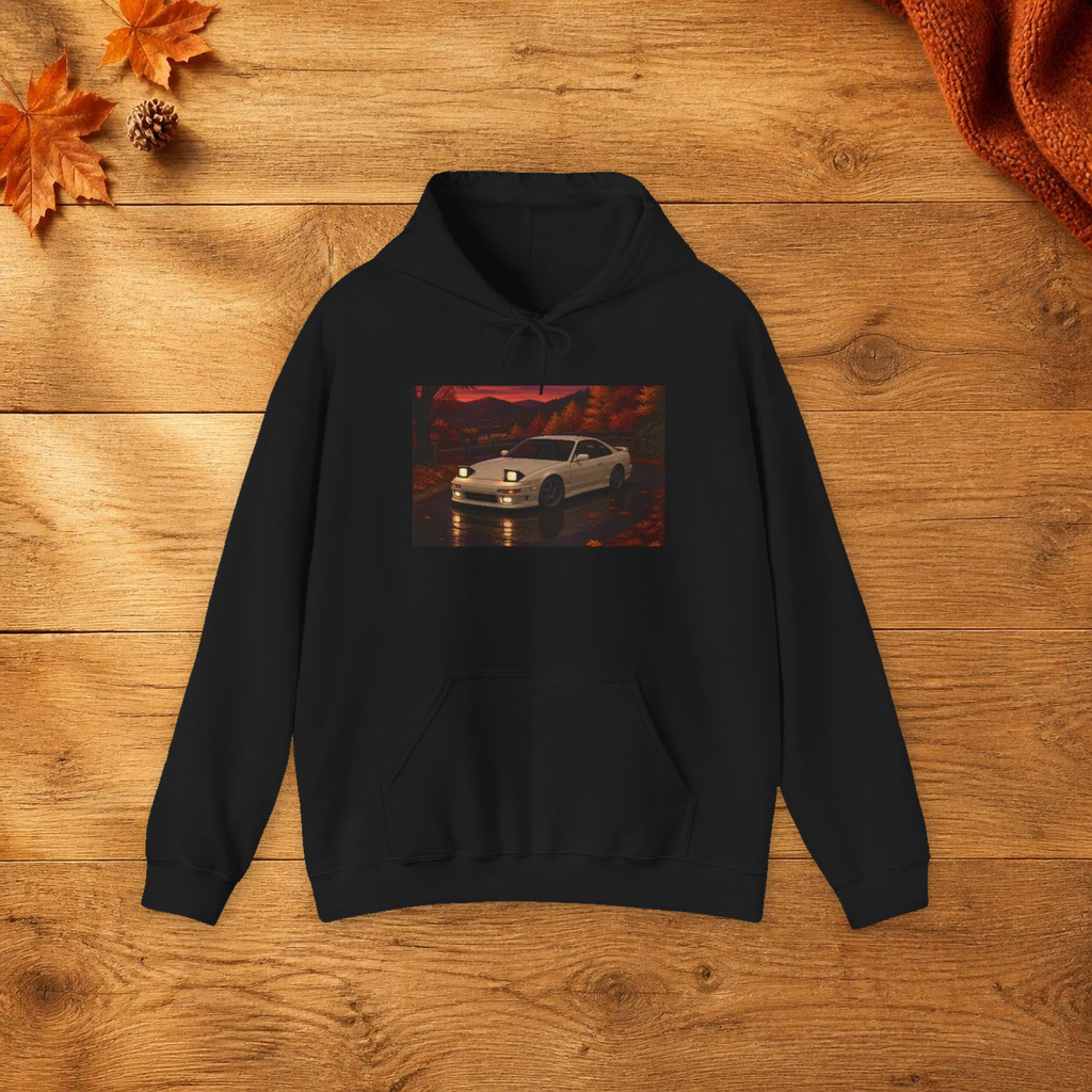 Amber Overdrive Pixel Art Fleece Hoodie — Fall & Cozy — faithful current supplier garment; digital lifestyle mockup [catalog balanced print fit v1]