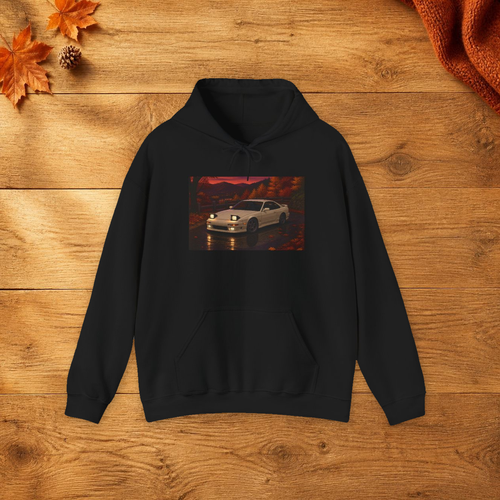 Amber Overdrive Pixel Art Fleece Hoodie — Fall & Cozy — faithful current supplier garment; digital lifestyle mockup [catalog balanced print fit v1]