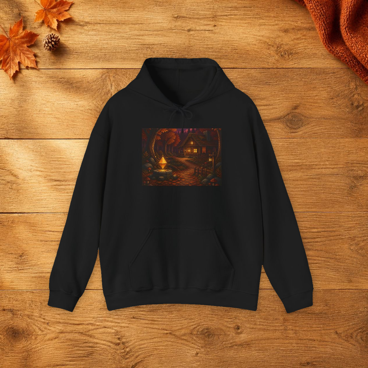 Amber Save Point Pixel Art Fleece Hoodie — Fall & Cozy — faithful current supplier garment; digital lifestyle mockup [catalog balanced print fit v1]