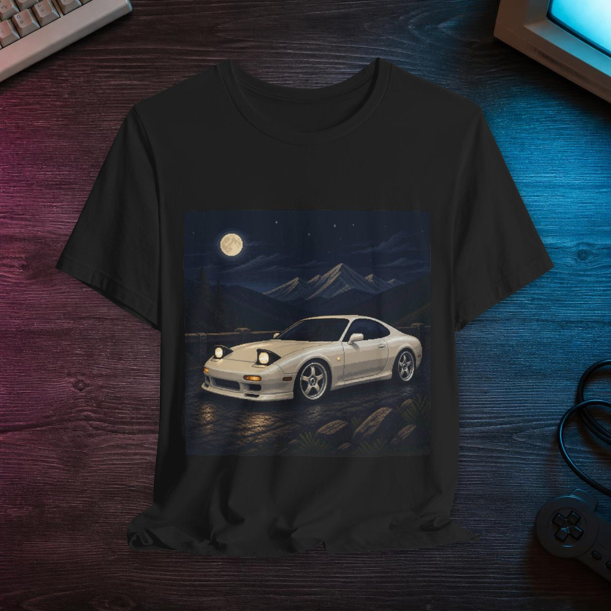 Pearl Apex Pixel Art Tee — 90s Night Drive — faithful digital lifestyle mockup [Wear8bit enthusiast v2]