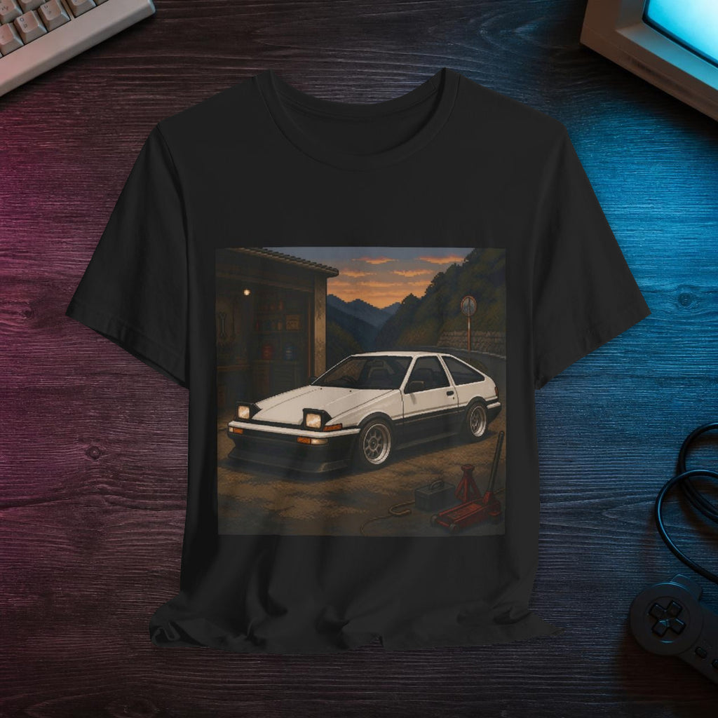 Dusk Beltline Pixel Art Tee — 90s Night Drive — faithful digital lifestyle mockup [Wear8bit enthusiast v2]