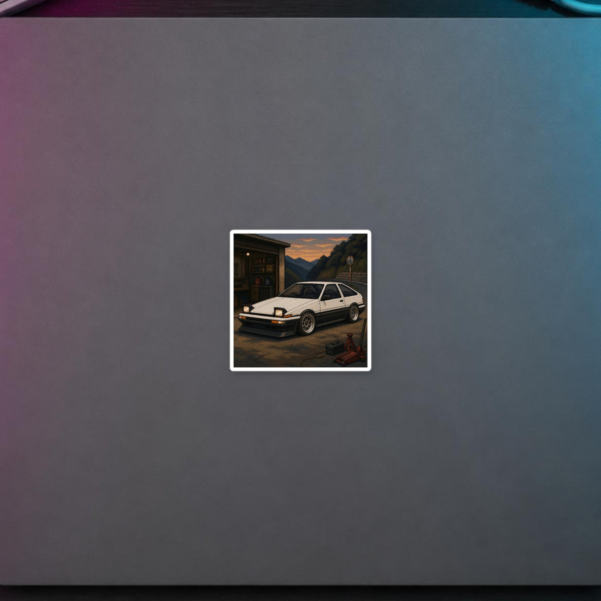 Dusk Beltline Pixel Art Sticker — 90s Night Drive — faithful digital lifestyle mockup [Wear8bit enthusiast v2]