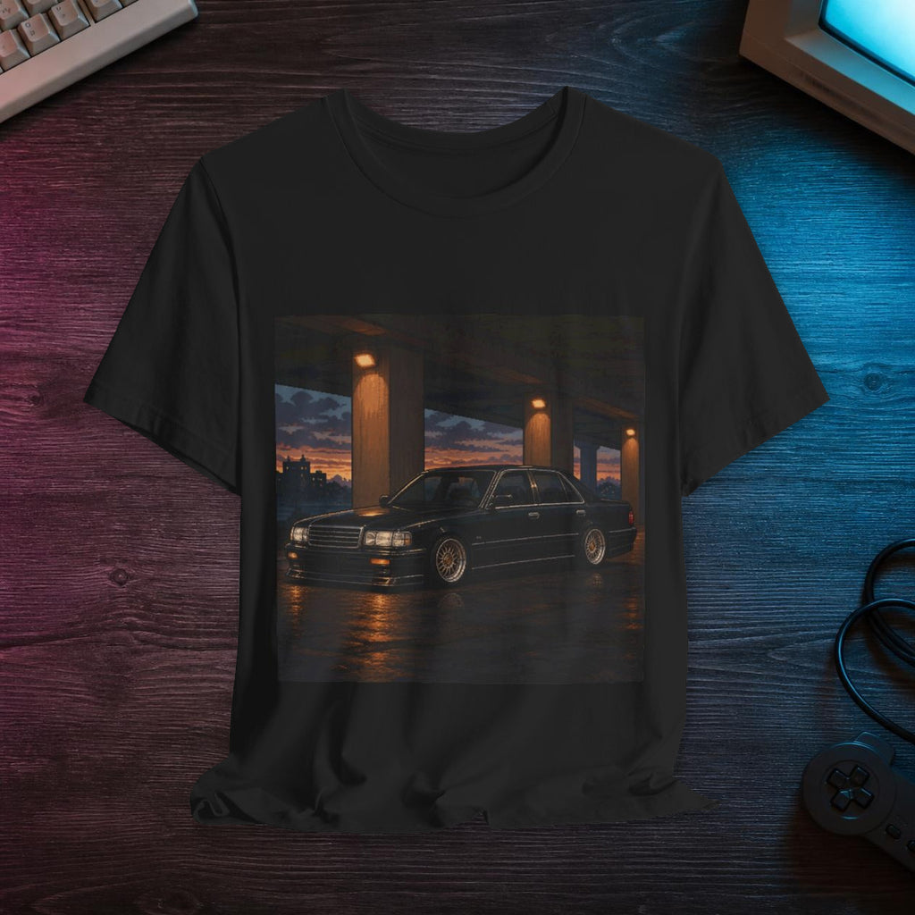 Amber Executive Pixel Art Tee — 90s Night Drive — faithful digital lifestyle mockup [Wear8bit enthusiast v2]