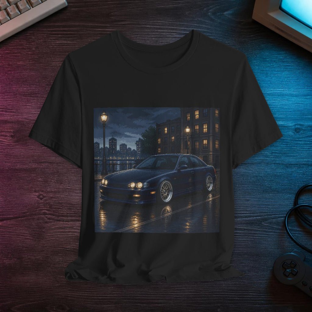 Rainline Sport Pixel Art Tee — 90s Night Drive — faithful digital lifestyle mockup [Wear8bit enthusiast v2]