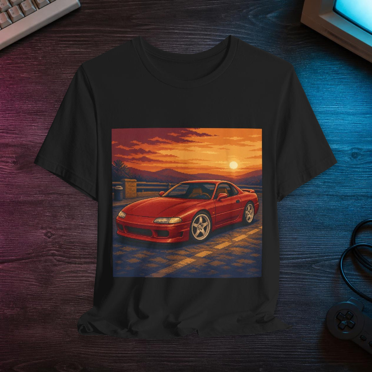 Sunset Grand Tourer Pixel Art Tee — 90s Night Drive — faithful digital lifestyle mockup [Wear8bit enthusiast v2]