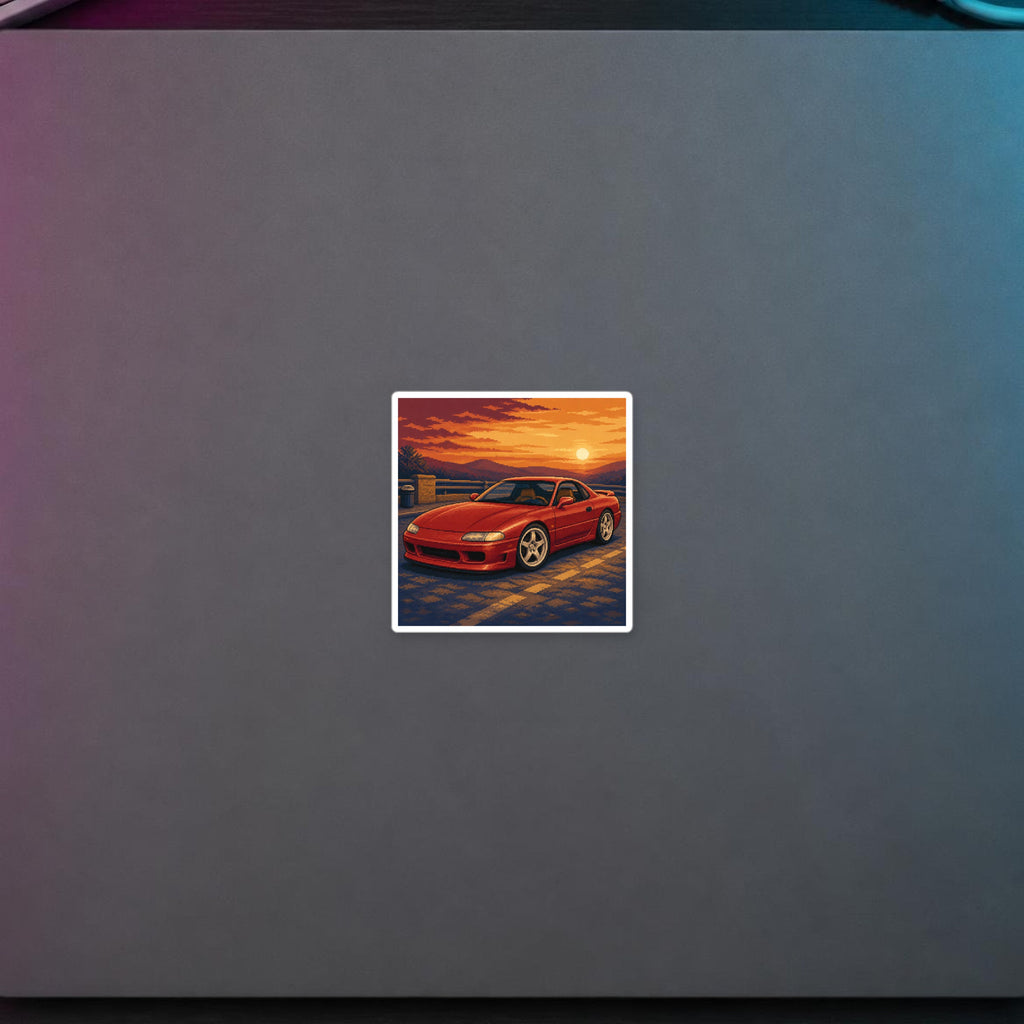 Sunset Grand Tourer Pixel Art Sticker — 90s Night Drive — faithful digital lifestyle mockup [Wear8bit enthusiast v2]