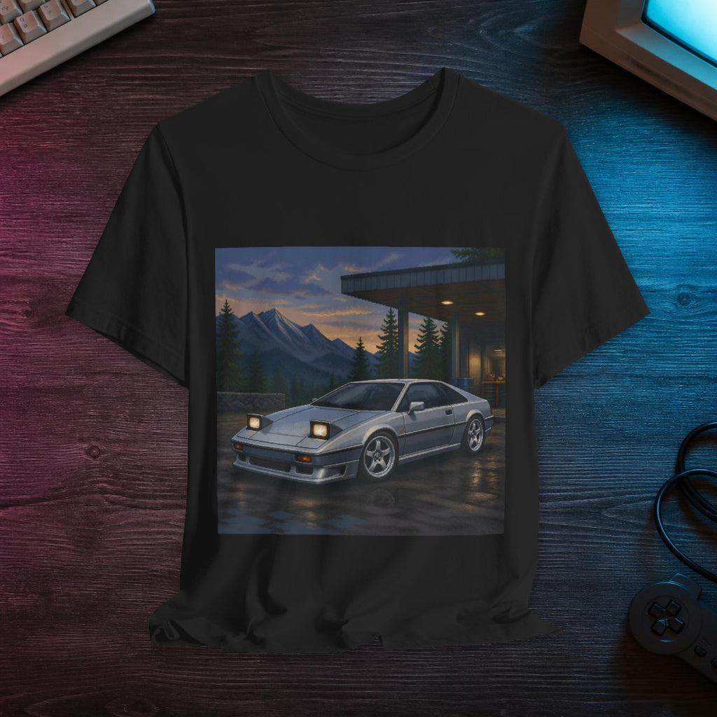 Silver Switchback Pixel Art Tee — 90s Night Drive — faithful digital lifestyle mockup [Wear8bit enthusiast v2]