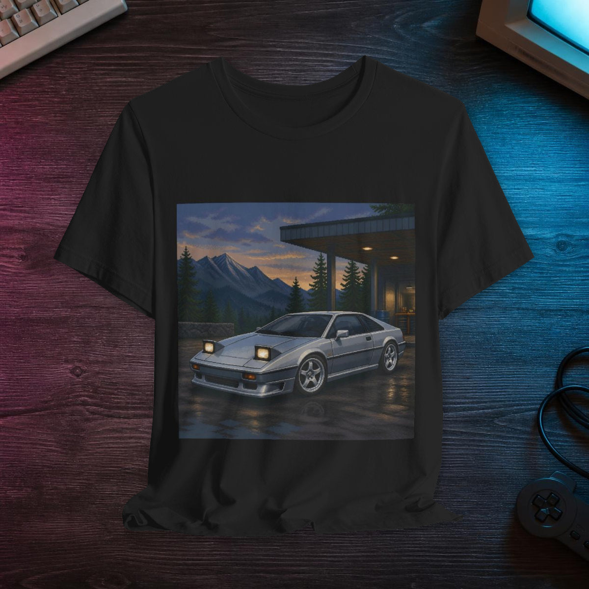 Silver Switchback Pixel Art Tee — 90s Night Drive — faithful digital lifestyle mockup [Wear8bit enthusiast v2]