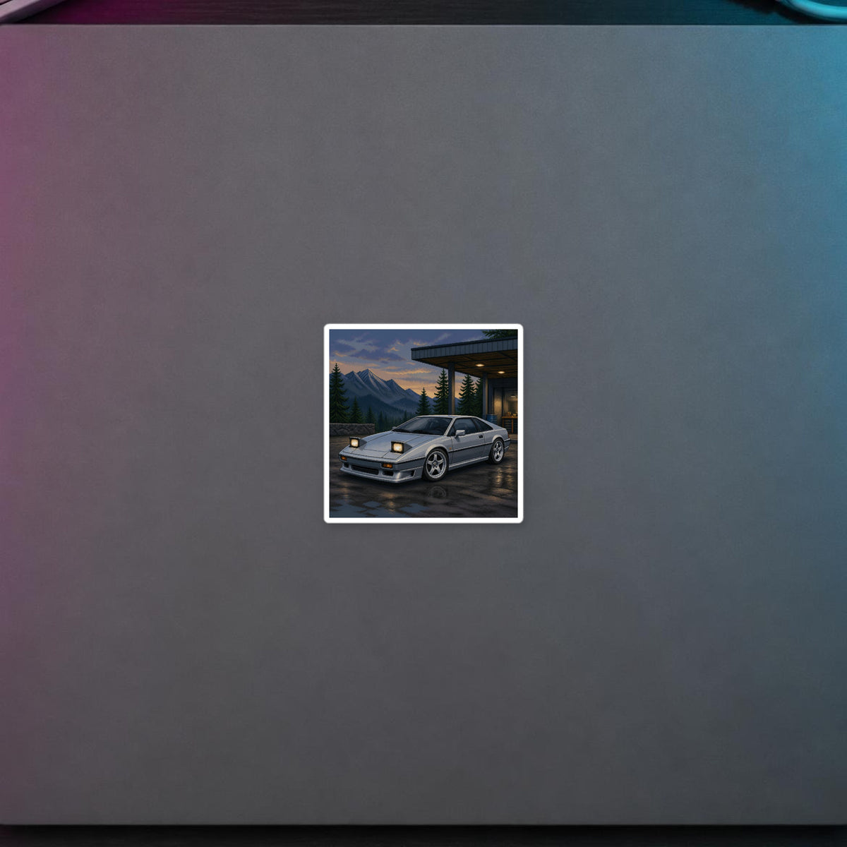 Silver Switchback Pixel Art Sticker — 90s Night Drive — faithful digital lifestyle mockup [Wear8bit enthusiast v2]