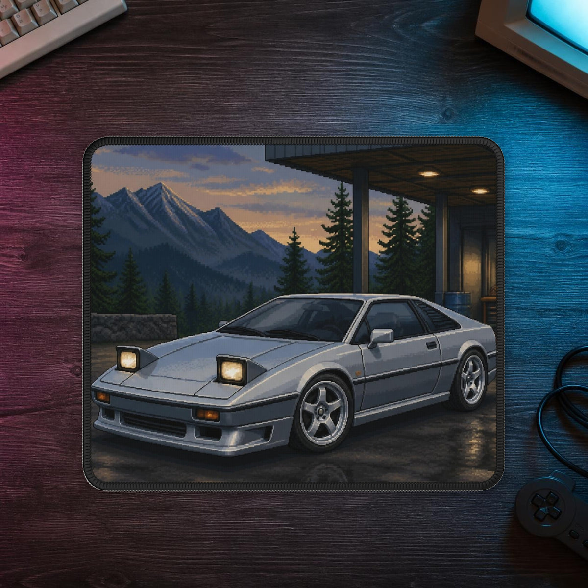 Silver Switchback Pixel Art Mousepad — 90s Night Drive — faithful digital lifestyle mockup [Wear8bit enthusiast v2]