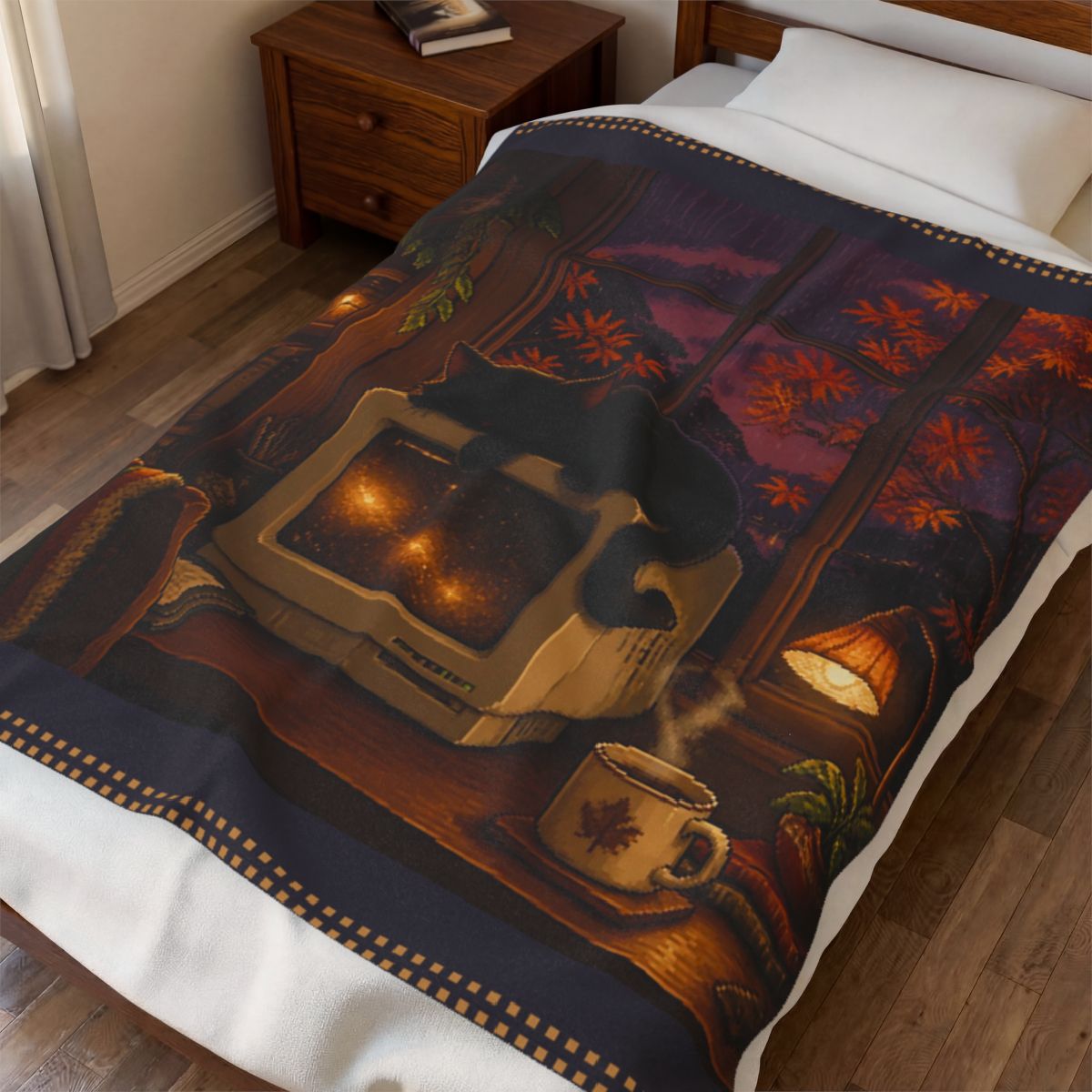 Rainy CRT Cat Pixel Art Plush Blanket — Fall & Cozy — actual supplier digital bedroom blanket render [Wear8bit fall capsule v1]
