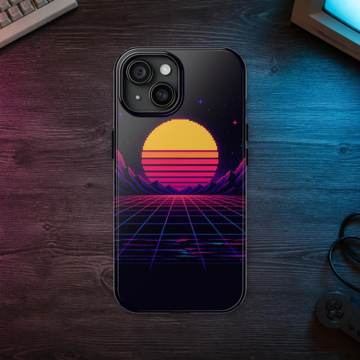 Grid Horizon Phone Case — Synthwave Pixel Art Case, Retro Gaming Phone Case — styled room scene; digital product mockup [Wear8bit lifestyle v1]