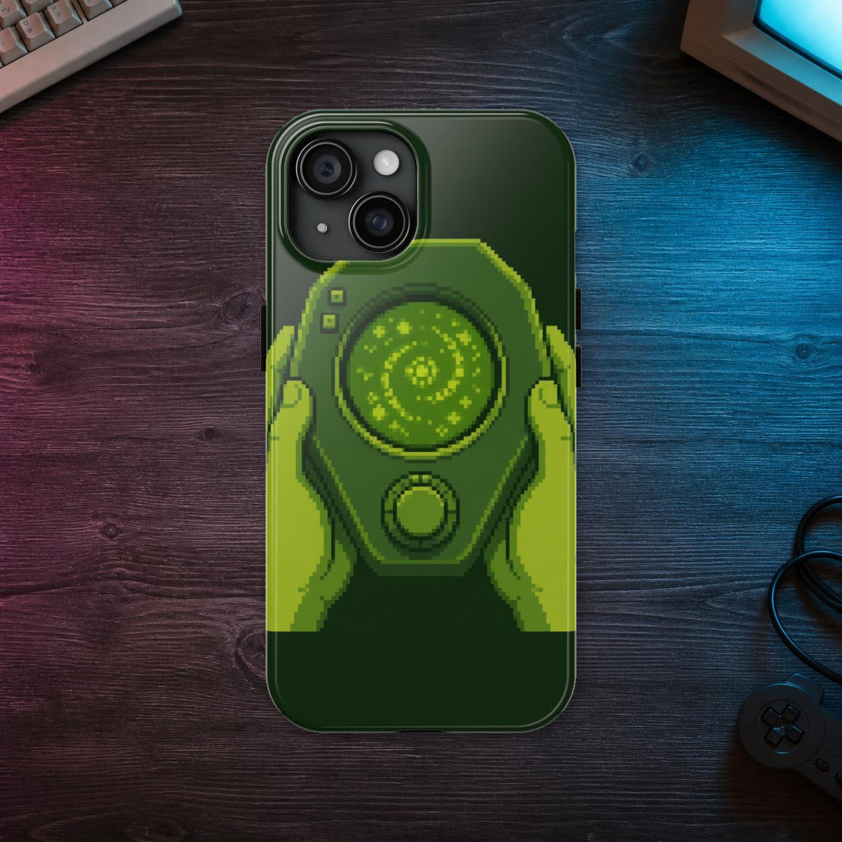 Orb Handheld Phone Case — Retro Console Pixel Art Case, 8-Bit Gaming Phone Case — styled room scene; digital product mockup [Wear8bit lifestyle v1]