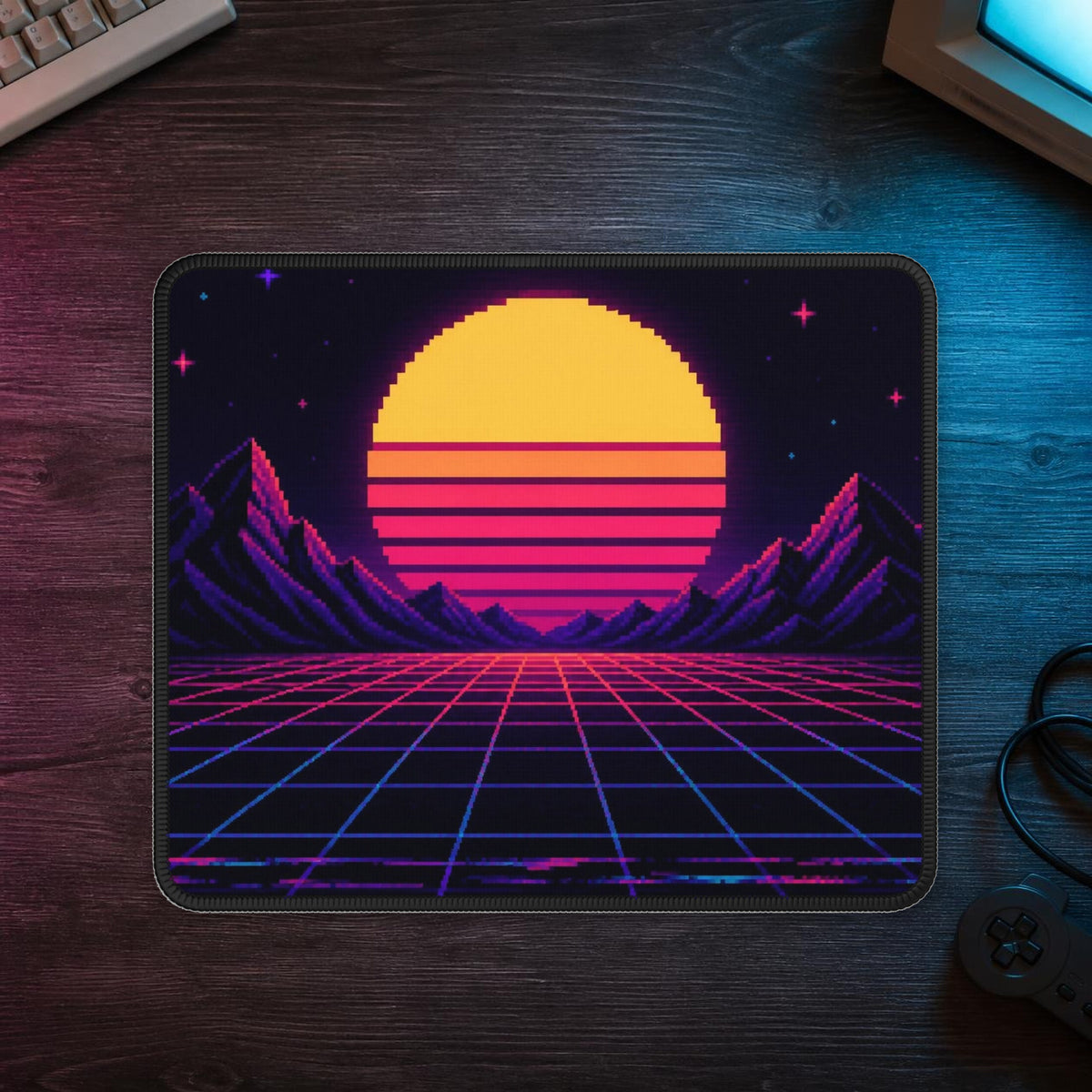 Grid Horizon Mousepad — mousepad in a styled room scene; digital product mockup [Wear8bit lifestyle v1]