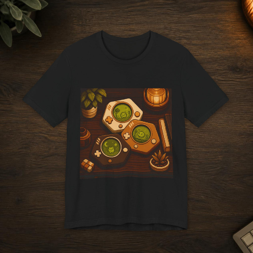 Cartridge Set Graphic Tee — T-shirt in a styled room scene; digital product mockup [Wear8bit lifestyle v1]