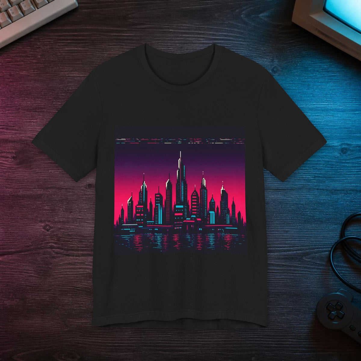Chrome Skyline Graphic Tee — T-shirt in a styled room scene; digital product mockup [Wear8bit lifestyle v1]