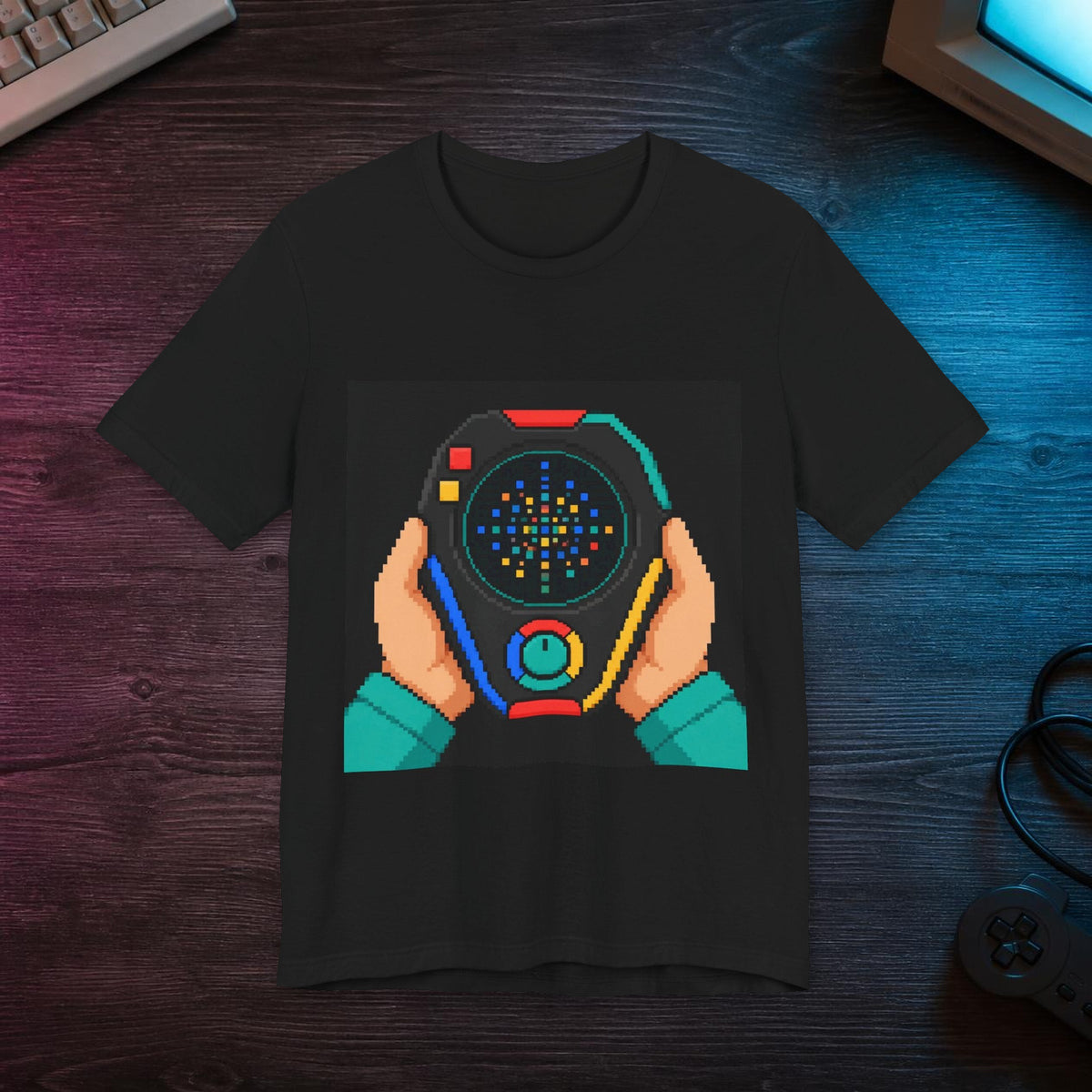 Game Gear Graphic Tee — T-shirt in a styled room scene; digital product mockup [Wear8bit lifestyle v1]