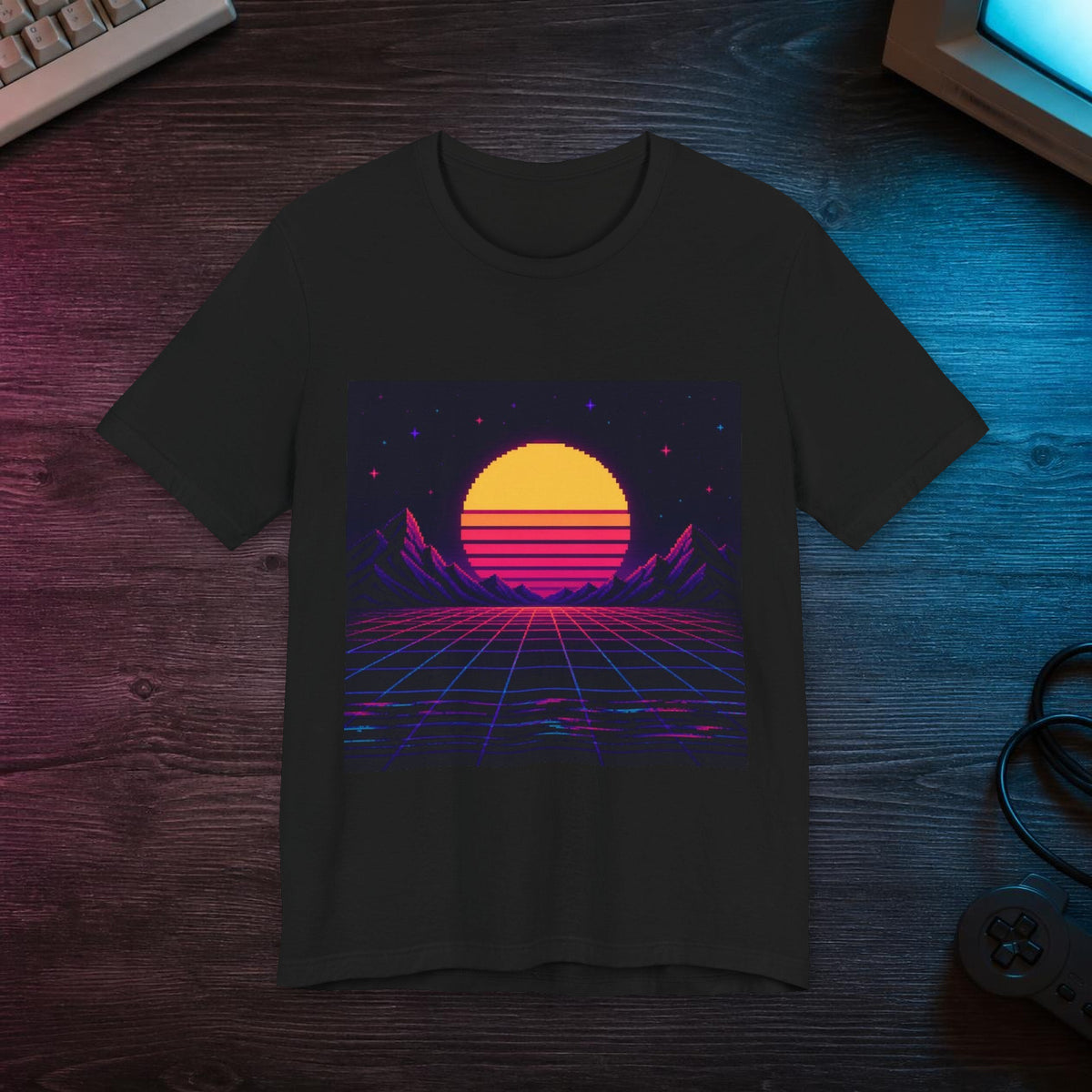 Grid Horizon Graphic Tee — T-shirt in a styled room scene; digital product mockup [Wear8bit lifestyle v1]