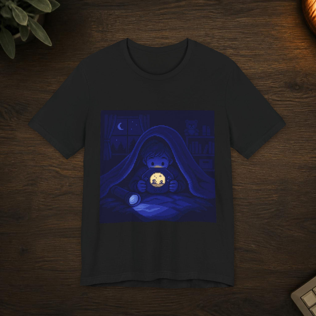 Moonlit Player Graphic Tee — T-shirt in a styled room scene; digital product mockup [Wear8bit lifestyle v1]